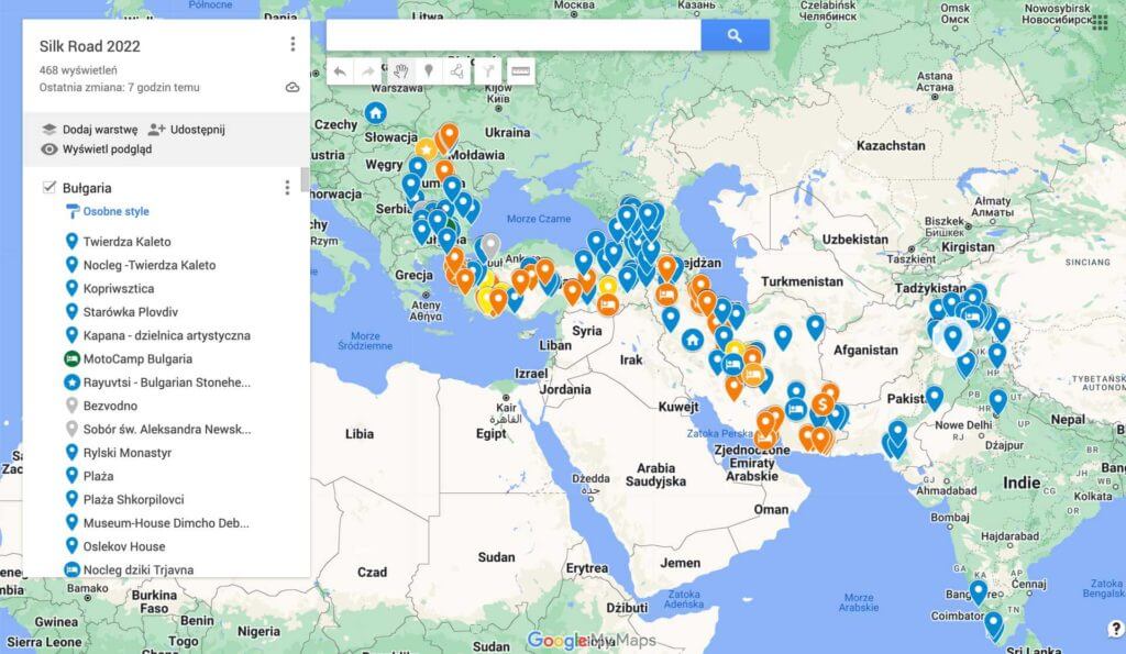 Map of travel points from the Baltic Sea in HImalaya