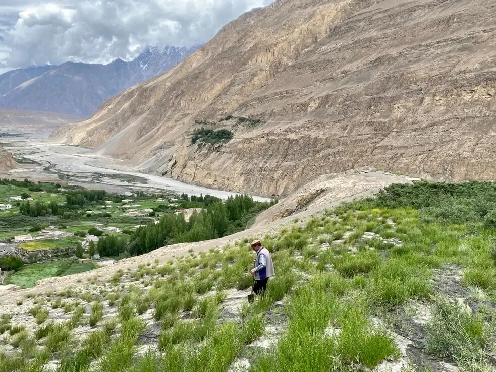 A village resident went up the hill to clear the irrigation ditches that watered the fields below