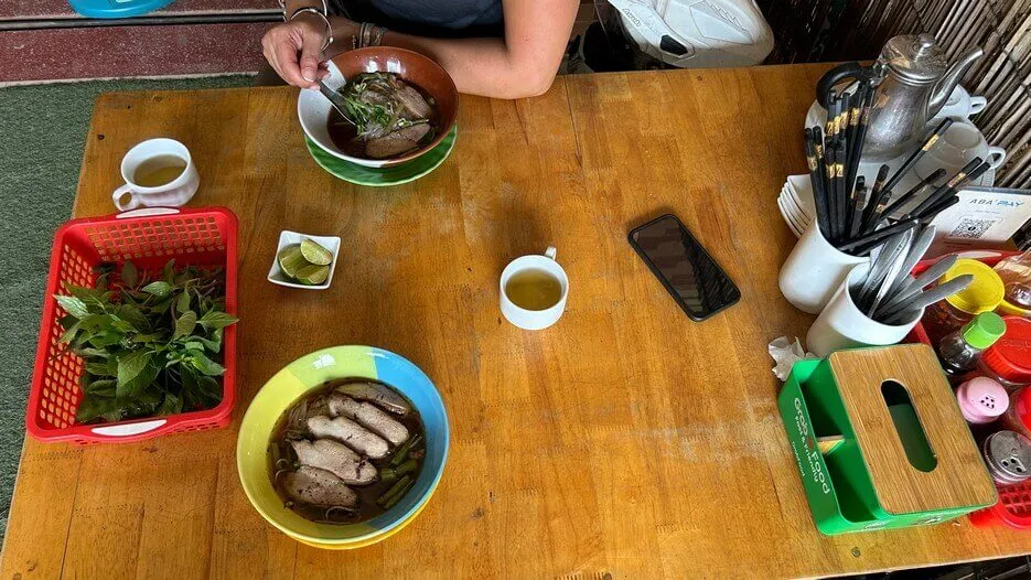 Boat noodle — broth with rice noodles, meat, and herbs. 